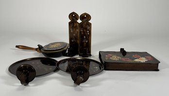 Collection Of Vintage Painted Metal Trays & Box