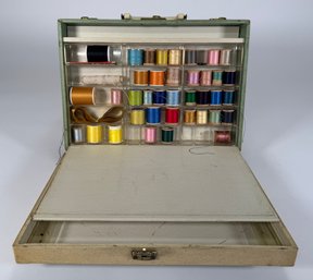 Vintage Green Sewing Kit Case With Assorted Thread Spools And Notions