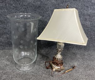 Etched Glass Vase And Small Table Lamp