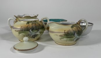 Antique Hand-Painted Nippon Porcelain Creamer And Sugar Set With Assorted Decorative Bowls