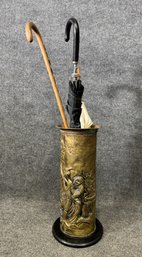 Brass Umbrella Stand With Umbrellas And Cane