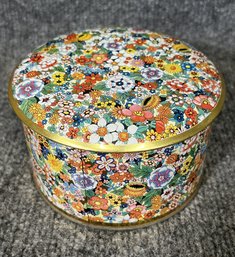 Round Floral Decorative Tin With Brass Detailing