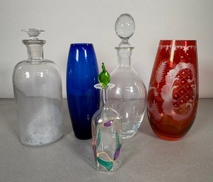 Collection Of Five Decorative Glass Vases And Decanters