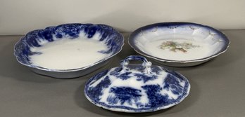 Antique Blue & White Transferware Serving Dishes, 3 Pieces