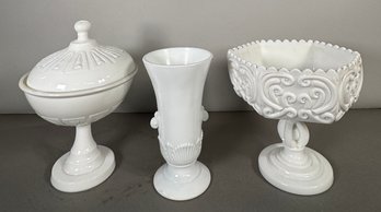 Three Piece White Milk Glass Decorative Set