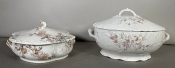 Pair Of Antique Floral Covered Serving Dishes