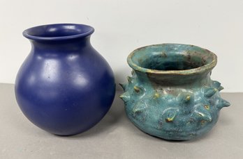 Blue Portuguese Ceramic And Green Spiked Studio Pottery Vase