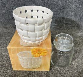 White Wicker-style Ceramic Basket With Glass Container Set By Savoir Vivre
