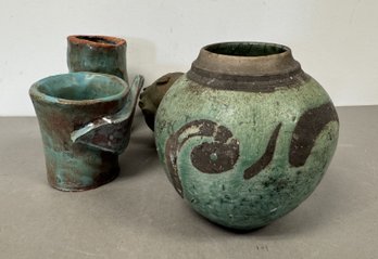 Collection Of Green-Glazed Abstract Ceramic Vases