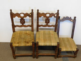 Set Of Three Rustic Wooden Chairs With Upholstered Seats