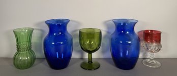 Set Of Five Assorted Colored Glass Vases And Goblets