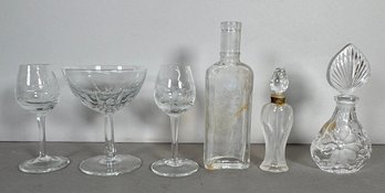 Assorted Clear Glassware: Glasses, Bottles, Decanters