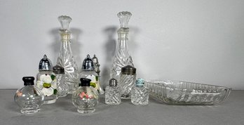 Assorted Cut Glass Vessels: Decanters, Shakers, Dish