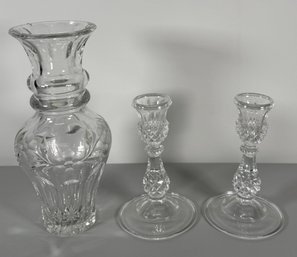 Pressed Glass Vase And Candlestick Set