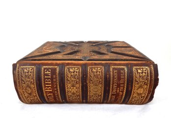 Large Antique American Tooled Leather Bible With Metal Clasps