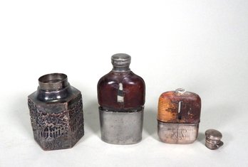 Antique Sterling Silver & Silver-plate Flasks And Tea Caddy