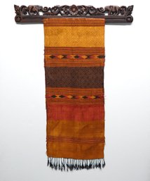 Antique Asian Wall Art Hanging Fabric With Hand Carved Wood Rack