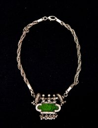 Antique Sterling Silver Green Glass Pendant Necklace