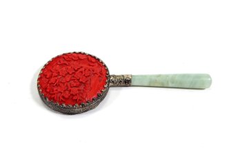 Vintage Chinese Jade & Cinnabar Hand Mirror