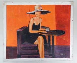 ' In Cafe' Modernist Oil Painting On Unstretched Canvas - Signed