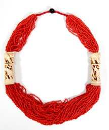 Vintage Multi-strand Black Red Beads With Carved Bone Pipe