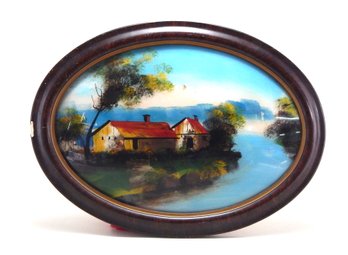 Vintage Asian Landscape Reverse Painting On Convex Glass