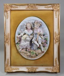 Antique  Framed Porcelain BISQUE RELIEF PLAQUE-Victorian Couple