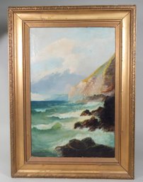 Antique 19th Century Rocky Seascape With Gulls Oil On Canvas - Signed