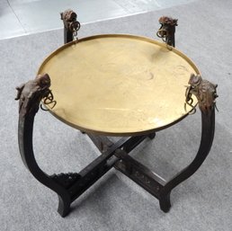 Antique Chinese Inscribed Carved Wood & Brass Dragon Heads With Round Top - Folding Table