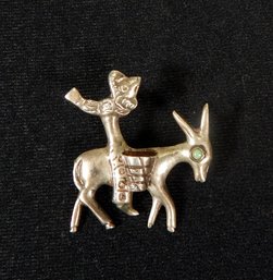 Vintage Sterling Silver Cowboy Donkey Brooch Pin With Turquoise. Mexico