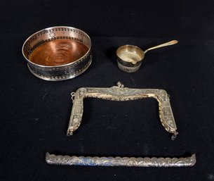 Vintage Silverplate Lot: Sauce Pot, Egyptian Revival Purse Frame, Wine Coaster