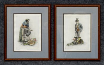 Paul Geissler (1881 - 1965) Pair Vintage Hand-signed Colored Etchings Vegetable Sellers