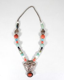 Vintage Chinese Dragon Amulet Repousse & Stone Necklace