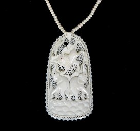 Vintage Hand Carved Pendant Necklace - Lion Attacking Elephants