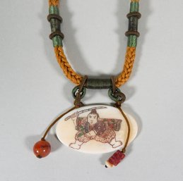 Vintage Asian Warrior With Sword Carved Necklace
