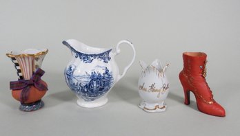 Vintage Pottery Lot: Small Vases, Blue Transfer Pitcher