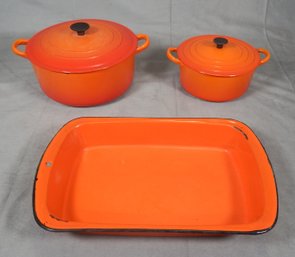 Lot 2 Le Creuset 'flame' Cast Iron Pans And 1 Enamel Casserole Pan