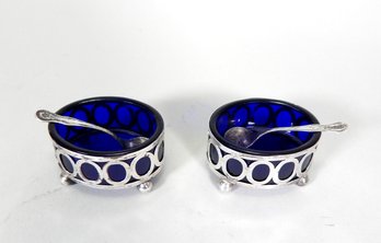 Sterling Silver & Cobalt Blue Glass Salt Cellars With Spoons