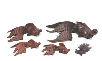 Antique Asian Hand Carved Rose Wood Gold Fish Set Of 5