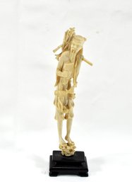 Large Antique Asian Okimono Carved Figure Of Fisherman With Axe