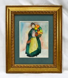 Vintage Double- Sided Watercolor Woman With Basket & Landscape