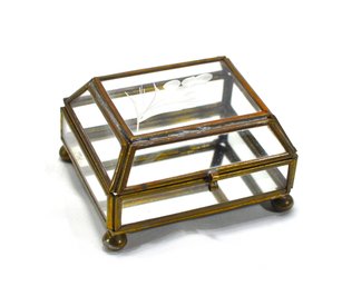 Vintage Etched Glass Brass Trinket Box
