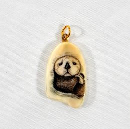 Antique Scrimshaw OTTER Pendant Signed C. Young