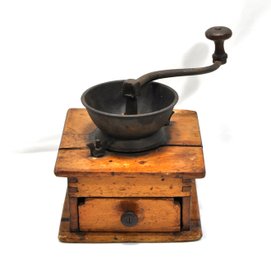 Antique Cast Iron And Finger Jointed Wood Hand-crank Coffee Grinder