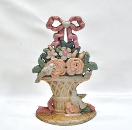 Vintage Cast Iron Birds & Flowers Pink Doorstop