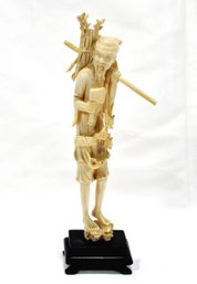 Large Antique Chinese Carved Figure Of Man With Axe & Fish