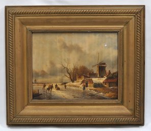 Vintage N.BROWN Winter Landscape With Windmill - Oil Painting On Wood Panel