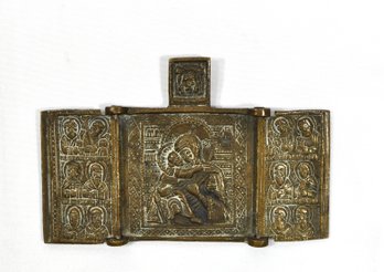 Miniature Antique Russian Brass Traveling Icon Triptych