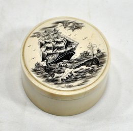 Antique Signed Scrimshaw Trinket Box- Clipper Ship & Whale Hunting Scene