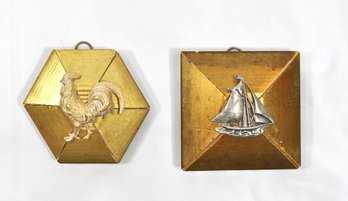 Pair Miniature Wood Picture With Rooster & Ship